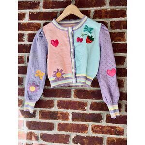 Girls cardigan sweater, green, pink and purple with embroidered fruit and heart